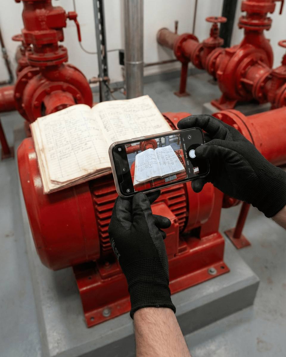 A technician in work gloves photographing a handwritten logbook resting on a red fire pump